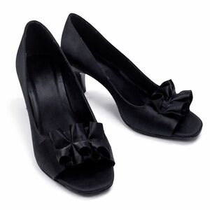 Vaneli Black Satin Peep-Toe Heels with Bow Detail